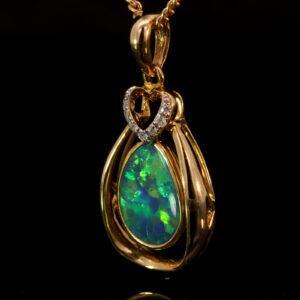 Yellow Gold Blue Green Yellow Orange Australian Doublet Opal and Diamond Pendant Necklace