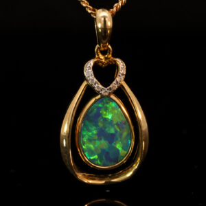 Yellow Gold Blue Green Yellow Orange Australian Doublet Opal and Diamond Pendant Necklace