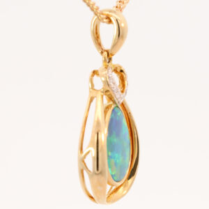 Yellow Gold Blue Green Yellow Orange Australian Doublet Opal and Diamond Pendant Necklace