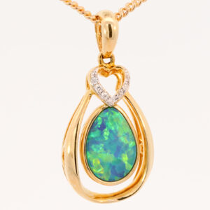 Yellow Gold Blue Green Yellow Orange Australian Doublet Opal and Diamond Pendant Necklace