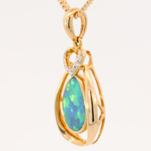 Yellow Gold Blue Green Yellow Orange Australian Doublet Opal and Diamond Pendant Necklace