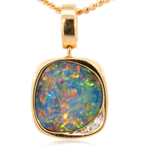 Yellow Gold Blue Green Yellow Orange Red Australian Doublet Opal and Diamond Pendant Necklace