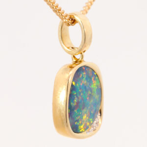 Yellow Gold Blue Green Yellow Orange Red Australian Doublet Opal and Diamond Pendant Necklace