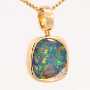 Yellow Gold Blue Green Yellow Orange Red Australian Doublet Opal and Diamond Pendant Necklace