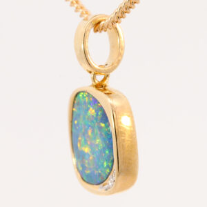 Yellow Gold Blue Green Yellow Orange Red Australian Doublet Opal and Diamond Pendant Necklace