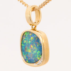 Yellow Gold Blue Green Yellow Orange Red Australian Doublet Opal and Diamond Pendant Necklace