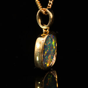 Yellow Gold Blue Green Yellow Orange Red Australian Doublet Opal and Diamond Pendant Necklace