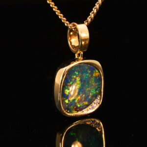 Yellow Gold Blue Green Yellow Orange Red Australian Doublet Opal and Diamond Pendant Necklace