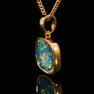 Yellow Gold Blue Green Yellow Orange Red Australian Doublet Opal and Diamond Pendant Necklace