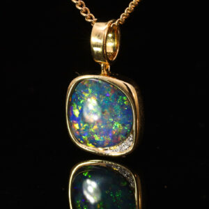 Yellow Gold Blue Green Yellow Orange Red Australian Doublet Opal and Diamond Pendant Necklace