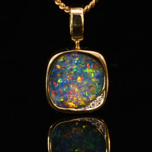 Yellow Gold Blue Green Yellow Orange Red Australian Doublet Opal and Diamond Pendant Necklace