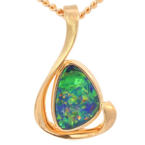 Yellow Gold Blue Green Yellow Orange Australian Doublet Opal Pendant Necklace