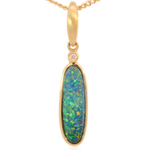 Yellow Gold Blue Green Yellow Orange Australian Doublet Opal and Diamond Pendant Necklace