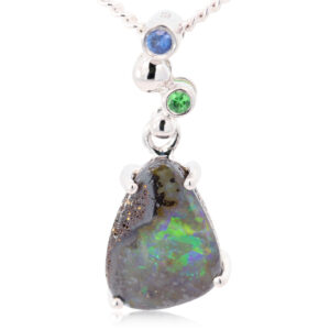 Sterling Silver Blue Green Boulder Opal Sapphire and Green Garnet Pendant