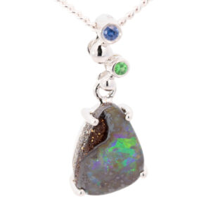 Sterling Silver Blue Green Boulder Opal Sapphire and Green Garnet Pendant