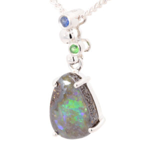 Sterling Silver Blue Green Boulder Opal Sapphire and Green Garnet Pendant