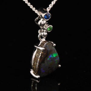 Sterling Silver Blue Green Boulder Opal Sapphire and Green Garnet Pendant