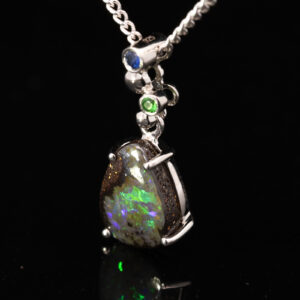 Sterling Silver Blue Green Boulder Opal Sapphire and Green Garnet Pendant