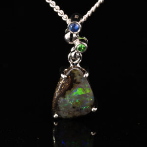 Sterling Silver Blue Green Boulder Opal Sapphire and Green Garnet Pendant