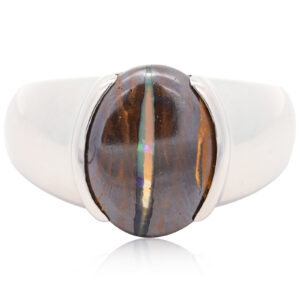 Sterling Silver Blue Green Solid Australian Boulder Opal Men's Ring