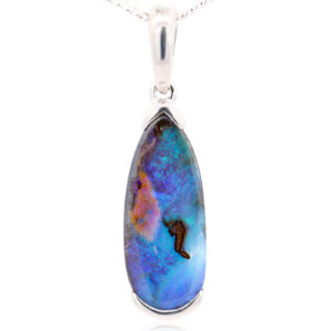 Sterling Silver Blue Green Solid Australian Boulder Opal Pendant Necklace