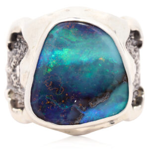 Sterling Silver Blue Green Purple Men's Solid Australian Boulder Opal Ring