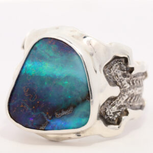 Sterling Silver Blue Green Purple Men's Solid Australian Boulder Opal Ring