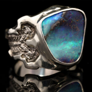 Sterling Silver Blue Green Purple Men's Solid Australian Boulder Opal Ring