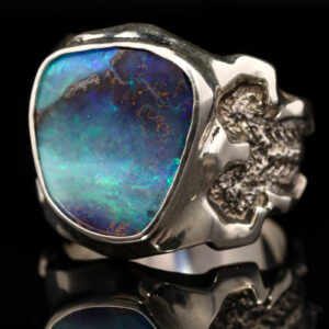 Sterling Silver Blue Green Purple Men's Solid Australian Boulder Opal Ring