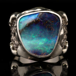 Sterling Silver Blue Green Purple Men's Solid Australian Boulder Opal Ring