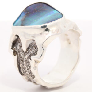 Sterling Silver Blue Green Purple Men's Solid Australian Boulder Opal Ring