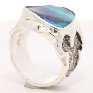 Sterling Silver Blue Green Purple Men's Solid Australian Boulder Opal Ring