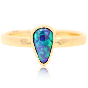 Yellow Gold Blue Green Solid Australian Black Opal Engagement Ring