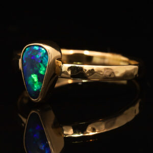 Yellow Gold Blue Green Solid Australian Black Opal Engagement Ring