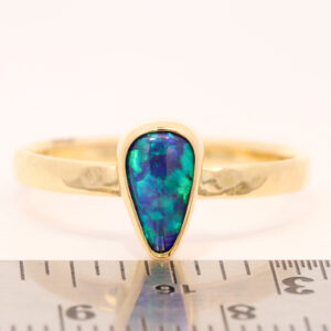 Yellow Gold Blue Green Solid Australian Black Opal Engagement Ring