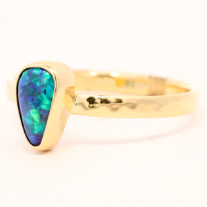 Yellow Gold Blue Green Solid Australian Black Opal Engagement Ring