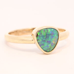 Yellow Gold Blue Green Yellow Solid Australian Black Opal Engagement Ring