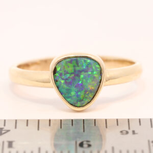 Yellow Gold Blue Green Yellow Solid Australian Black Opal Engagement Ring