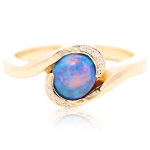 Yellow Gold Blue Green Black Opal and Diamond Engagement Ring