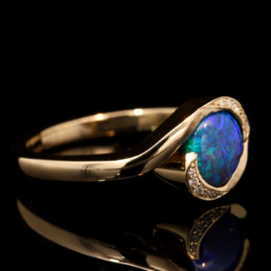 Yellow Gold Blue Green Black Opal and Diamond Engagement Ring