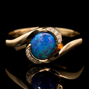 Yellow Gold Blue Green Black Opal and Diamond Engagement Ring