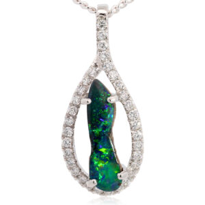 White Gold Blue Green Boulder Opal and Diamond Pendant