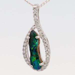 White Gold Blue Green Boulder Opal and Diamond Pendant