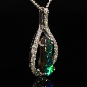 White Gold Blue Green Boulder Opal and Diamond Pendant