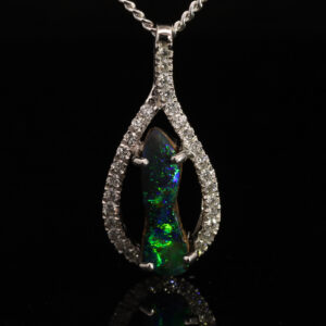 White Gold Blue Green Boulder Opal and Diamond Pendant