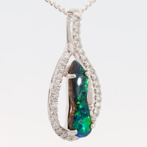 White Gold Blue Green Boulder Opal and Diamond Pendant