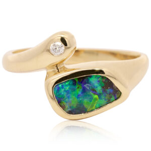 Yellow Gold Blue Green Purple Boulder Opal and Diamond Ring