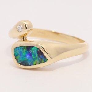 Yellow Gold Blue Green Purple Boulder Opal and Diamond Ring