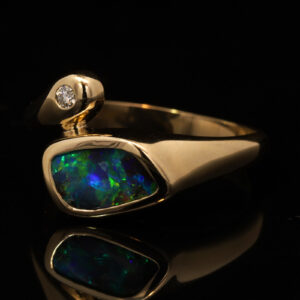 Yellow Gold Blue Green Purple Boulder Opal and Diamond Ring