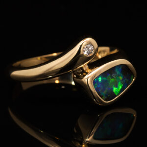 Yellow Gold Blue Green Purple Boulder Opal and Diamond Ring